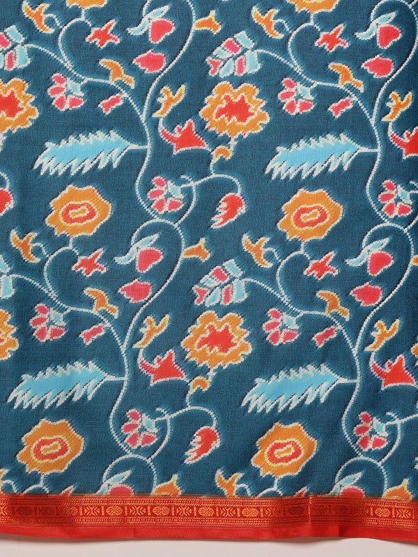 Turquoise Silk Blend Digital Print Ikkat Saree with Unstitched Blouse - Hiral Fashion | Swadesiicart