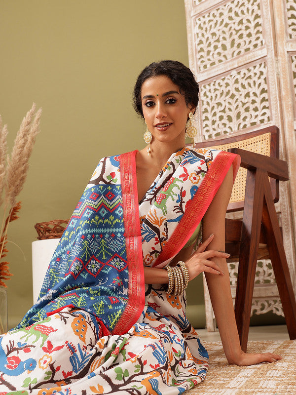 White Silk Blend Digital Print Ikkat Saree with Unstitched Blouse - Hiral Fashion | Swadesiicart