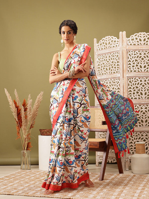 White Silk Blend Digital Print Ikkat Saree with Unstitched Blouse - Hiral Fashion | Swadesiicart