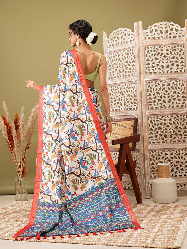 White Silk Blend Digital Print Ikkat Saree with Unstitched Blouse - Hiral Fashion | Swadesiicart