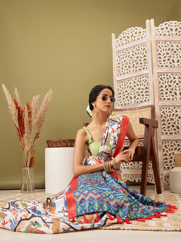 White Silk Blend Digital Print Ikkat Saree with Unstitched Blouse - Hiral Fashion | Swadesiicart