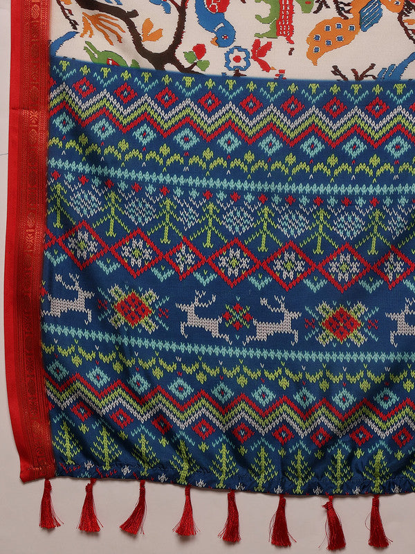 White Silk Blend Digital Print Ikkat Saree with Unstitched Blouse - Hiral Fashion | Swadesiicart