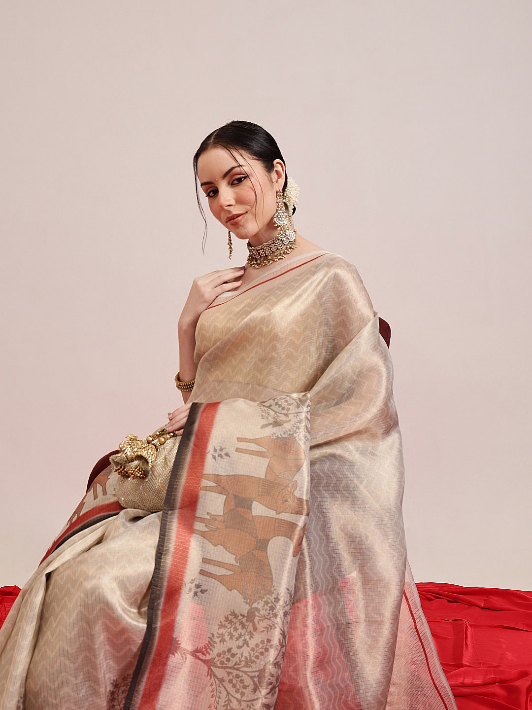 Hiral Fashion Beige Banarasi Cotton Silk Pichwai Digital Printed Saree | Swadesiicart
