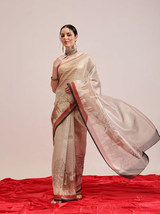 Hiral Fashion Beige Banarasi Cotton Silk Pichwai Digital Printed Saree | Swadesiicart