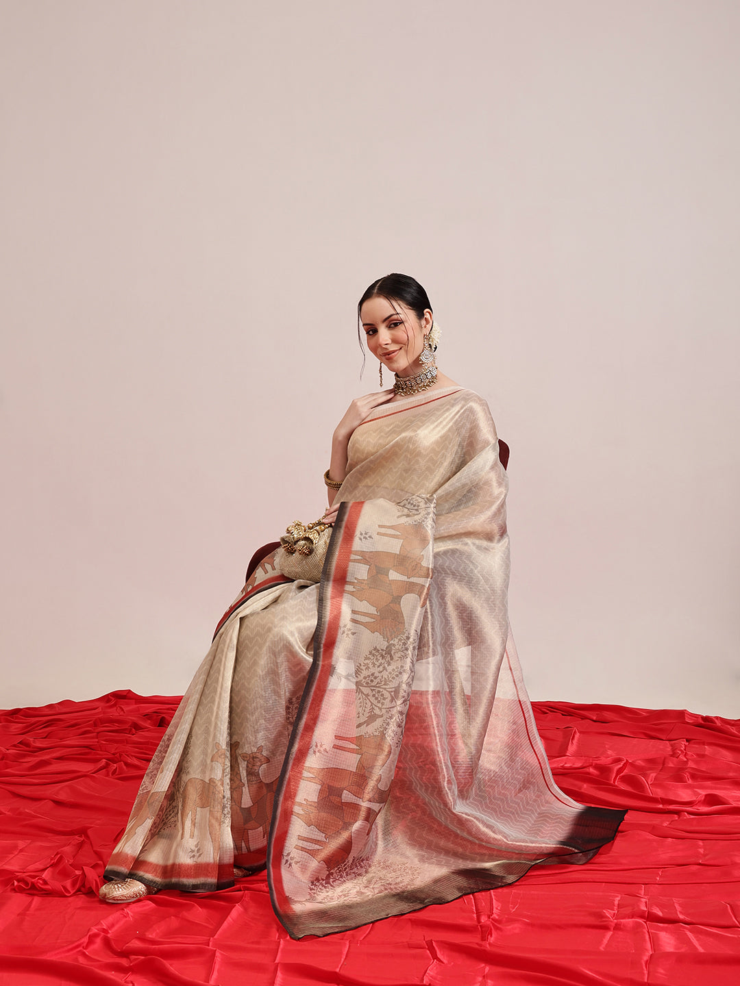 Hiral Fashion Beige Banarasi Cotton Silk Pichwai Digital Printed Saree | Swadesiicart