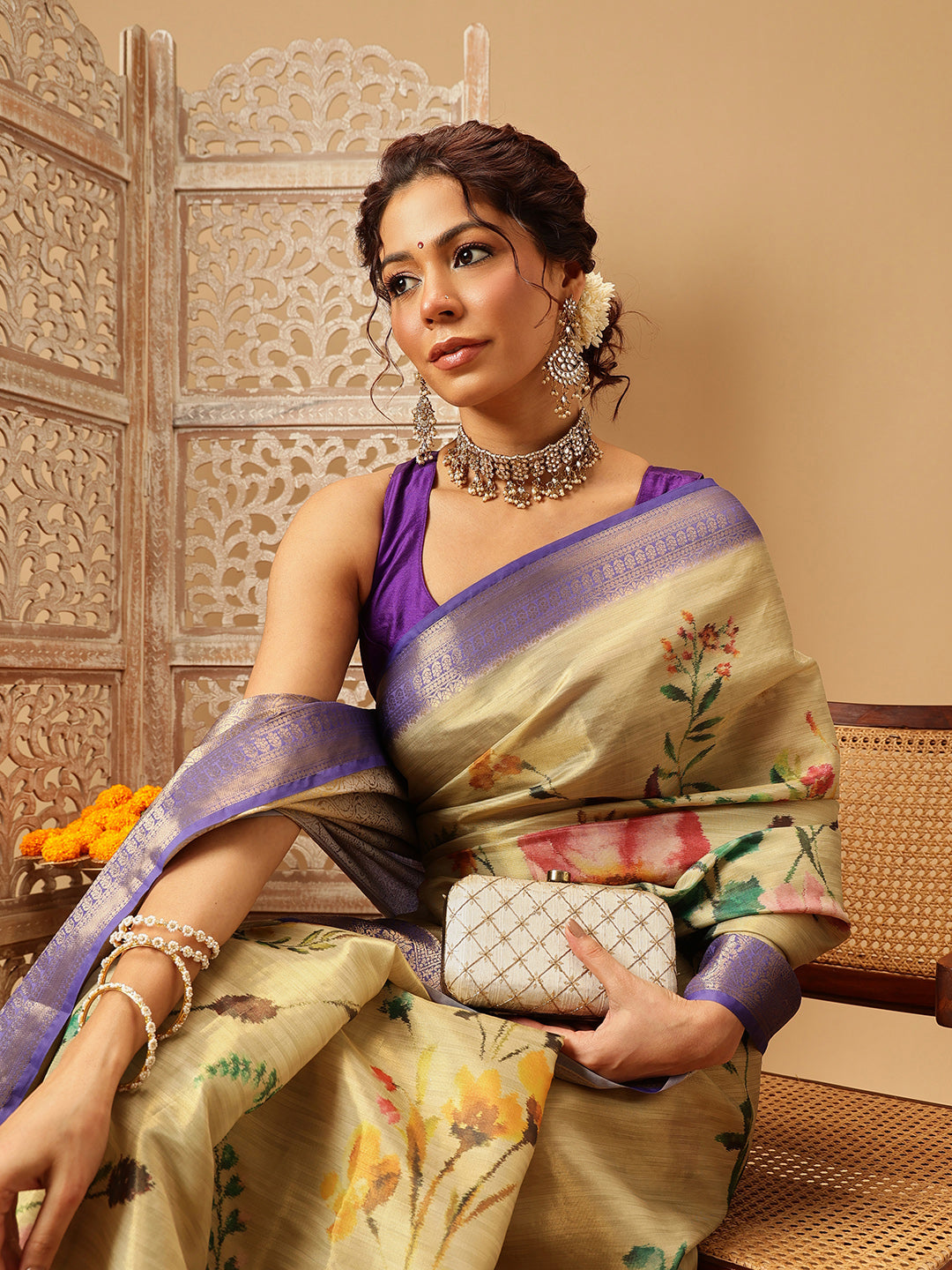 Hiral Fashion Beige Banarasi Tissue Silk Floral Digital Printed Saree | Swadesiicart