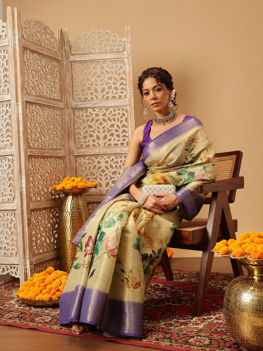 Hiral Fashion Beige Banarasi Tissue Silk Floral Digital Printed Saree | Swadesiicart