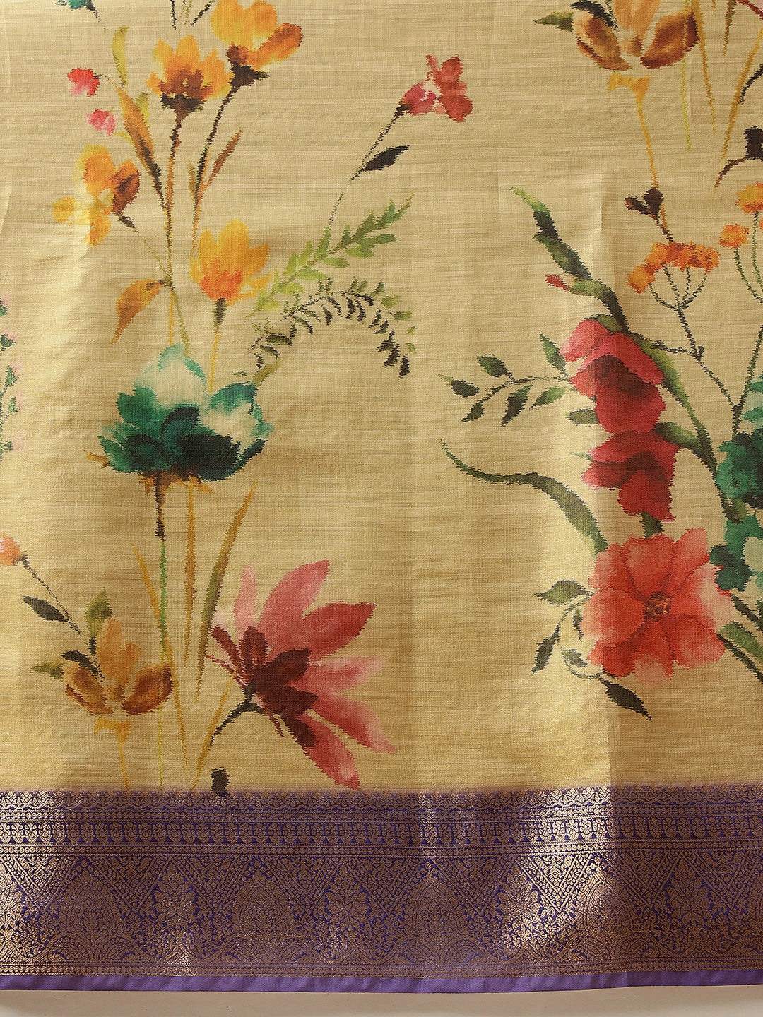 Hiral Fashion Beige Banarasi Tissue Silk Floral Digital Printed Saree | Swadesiicart