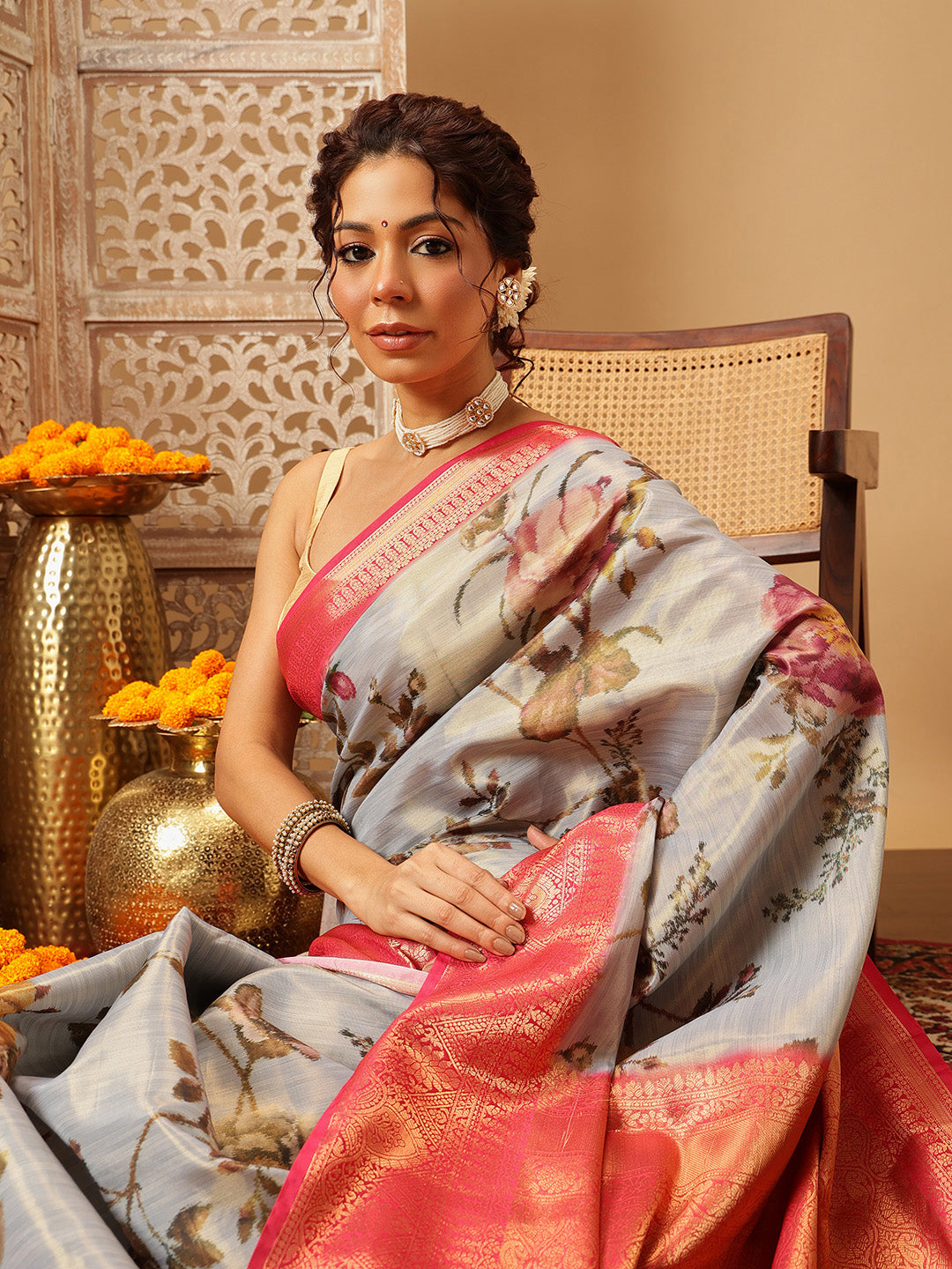 Hiral Fashion Grey Banarasi Tissue Silk Floral Digital Printed Saree | Swadesiicart