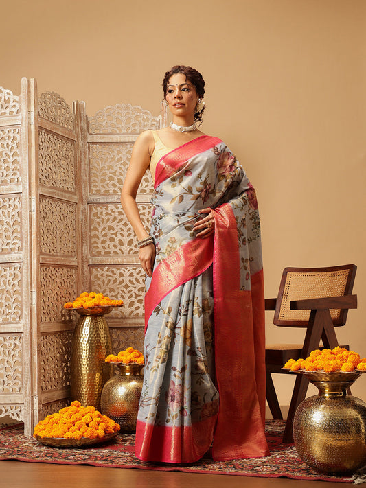 Hiral Fashion Grey Banarasi Tissue Silk Floral Digital Printed Saree | Swadesiicart