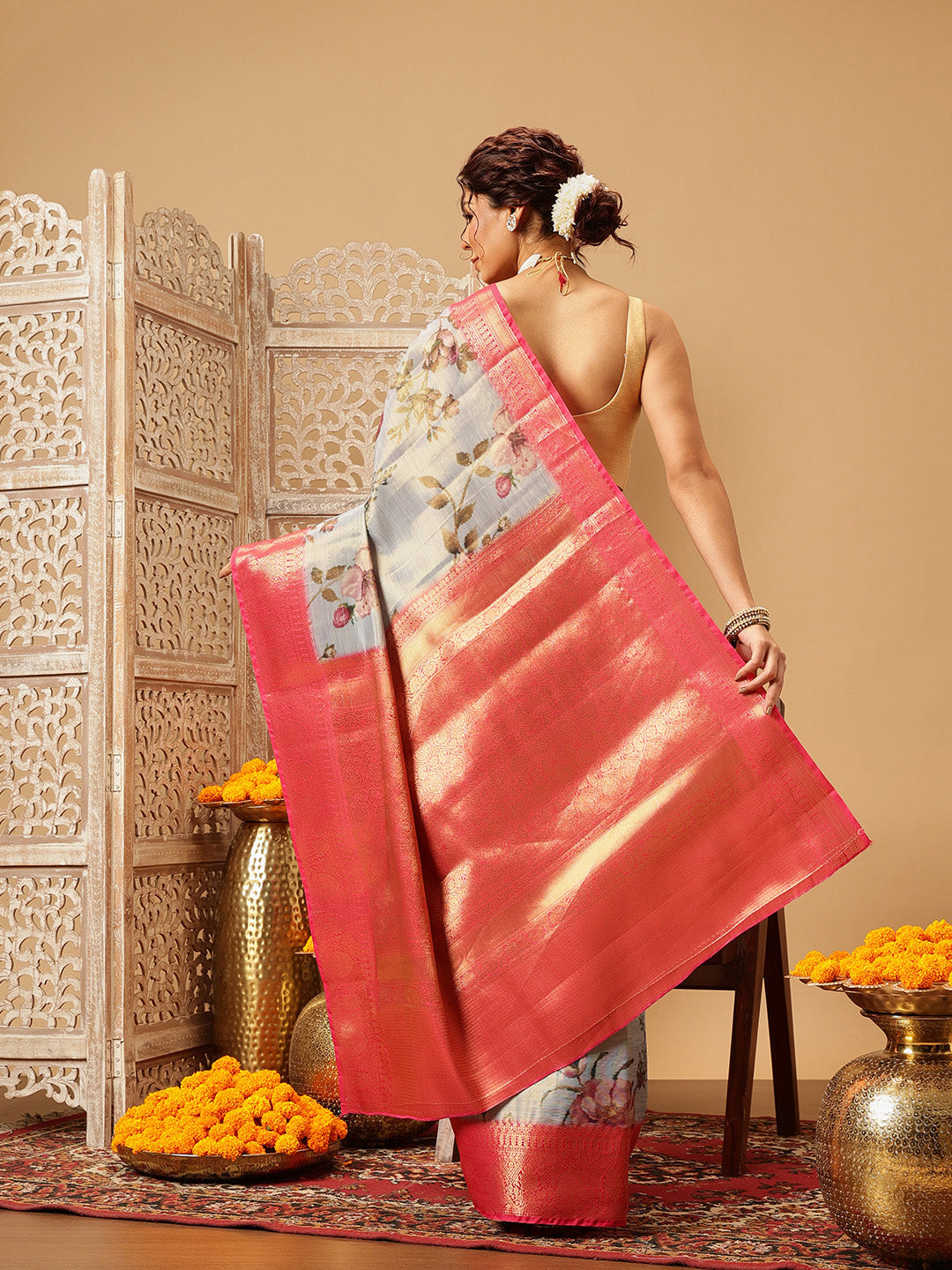 Hiral Fashion Grey Banarasi Tissue Silk Floral Digital Printed Saree | Swadesiicart