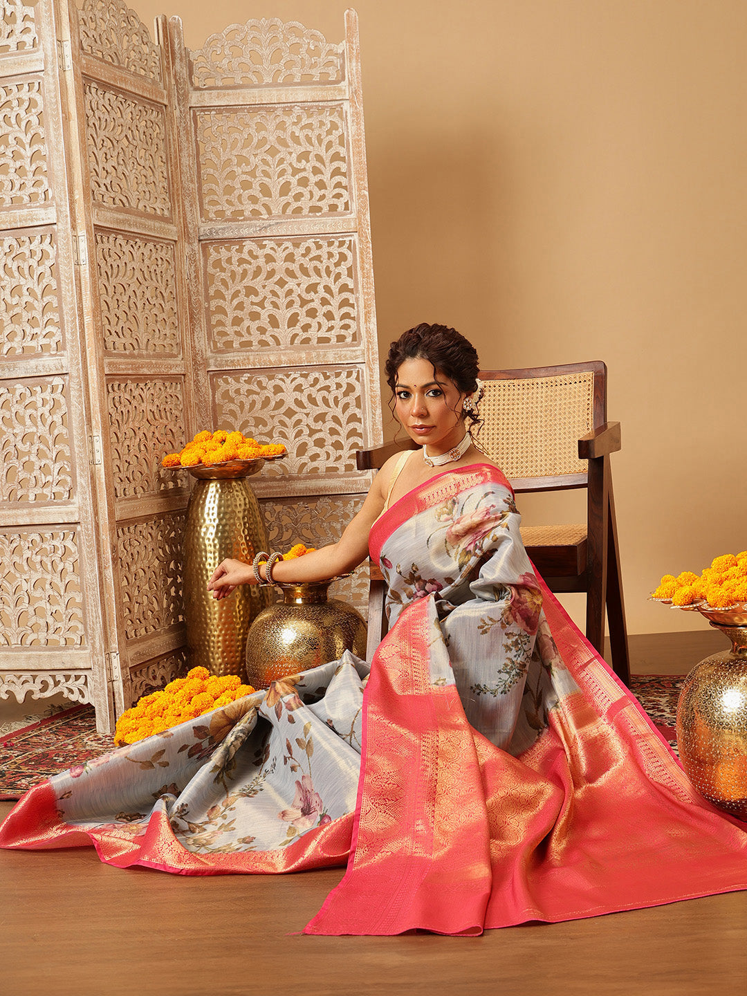 Hiral Fashion Grey Banarasi Tissue Silk Floral Digital Printed Saree | Swadesiicart