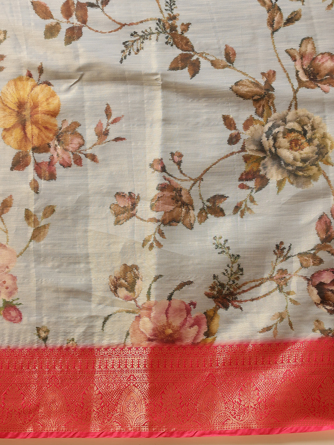 Hiral Fashion Grey Banarasi Tissue Silk Floral Digital Printed Saree | Swadesiicart