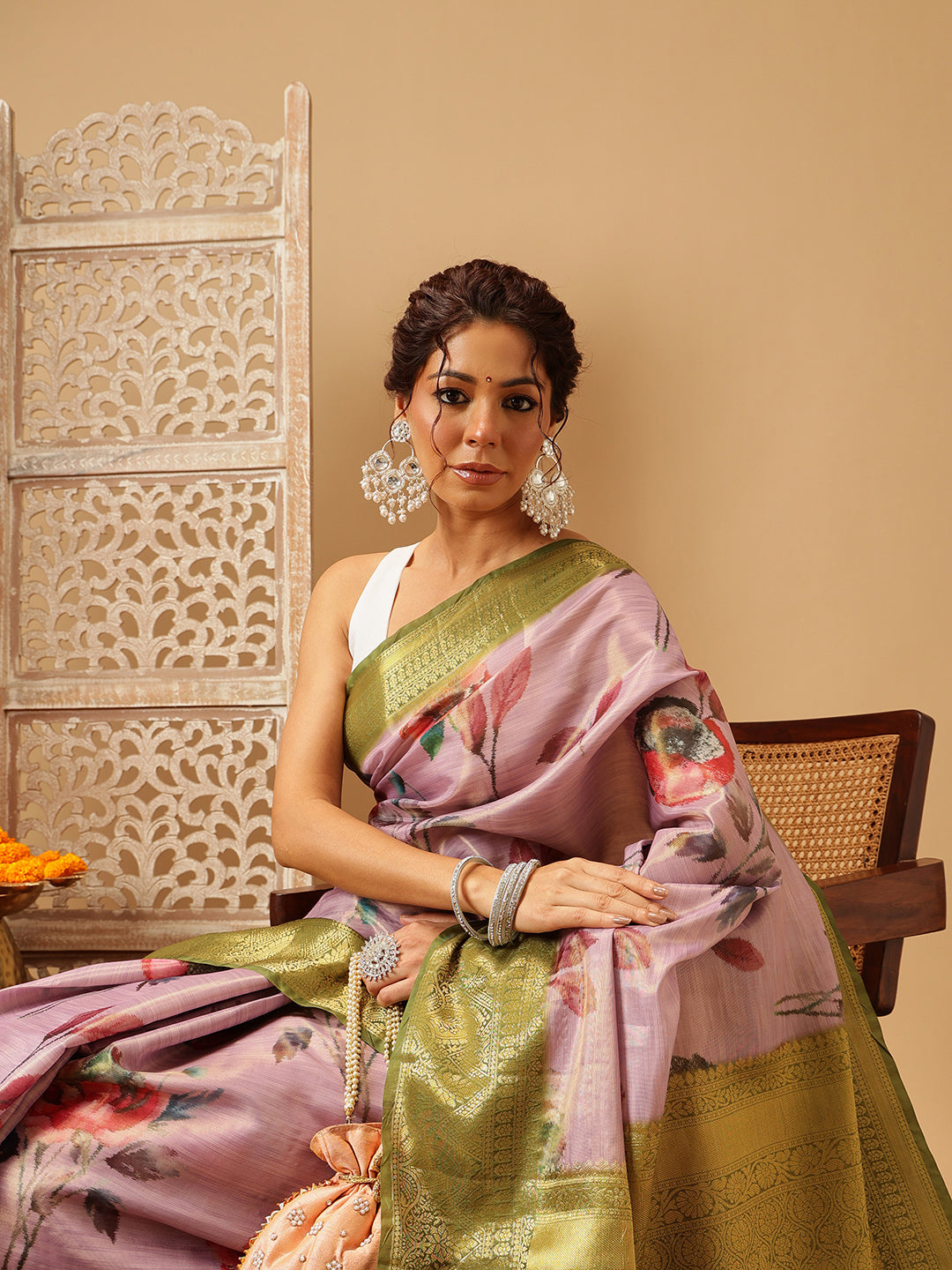 Hiral Fashion Lavender Banarasi Tissue Silk Floral Digital Printed Saree | Swadesiicart