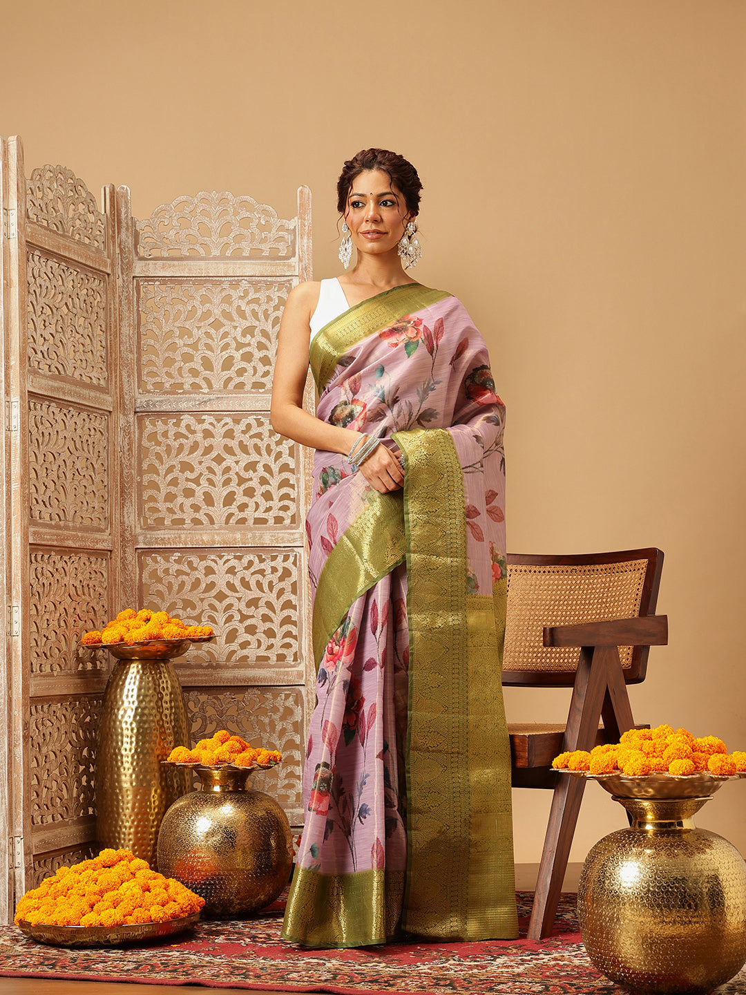 Hiral Fashion Lavender Banarasi Tissue Silk Floral Digital Printed Saree | Swadesiicart