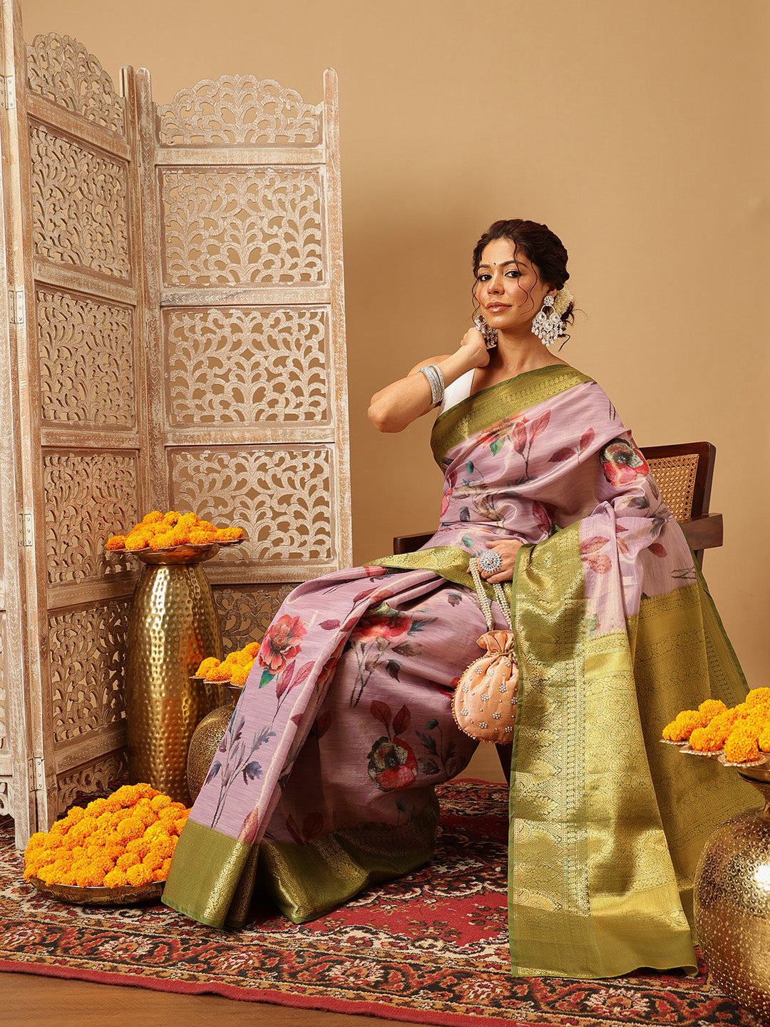 Hiral Fashion Lavender Banarasi Tissue Silk Floral Digital Printed Saree | Swadesiicart