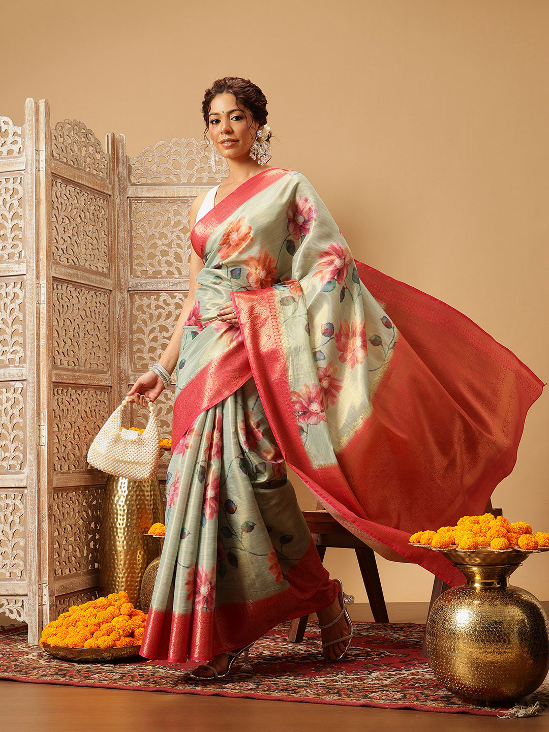 Hiral Fashion Olive Banarasi Tissue Silk Floral Digital Printed Saree | Swadesiicart
