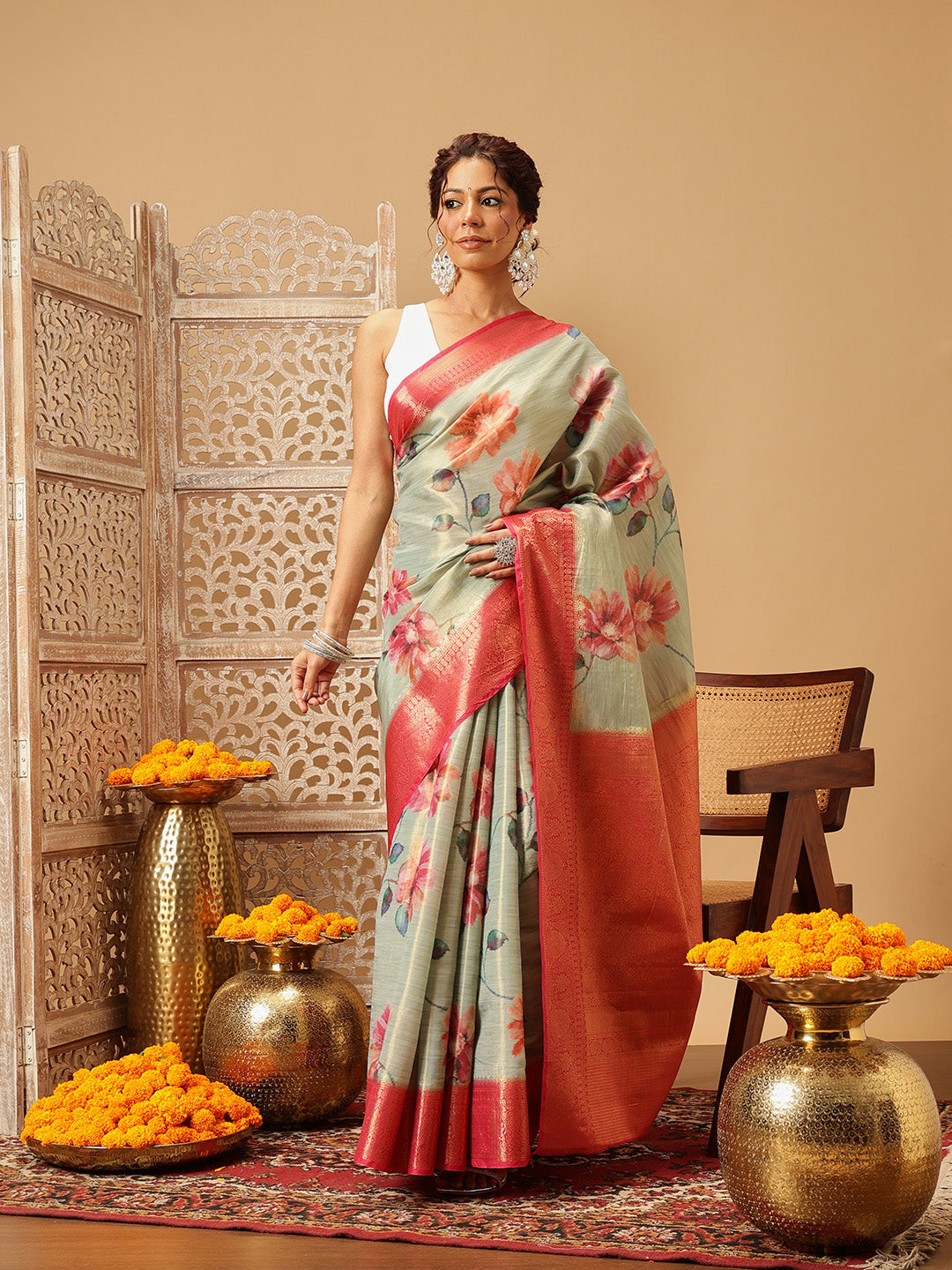 Hiral Fashion Olive Banarasi Tissue Silk Floral Digital Printed Saree | Swadesiicart