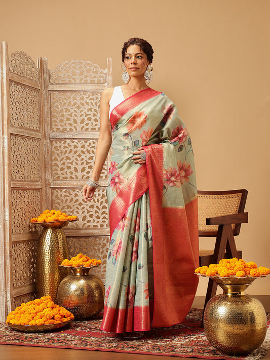Hiral Fashion Olive Banarasi Tissue Silk Floral Digital Printed Saree | Swadesiicart