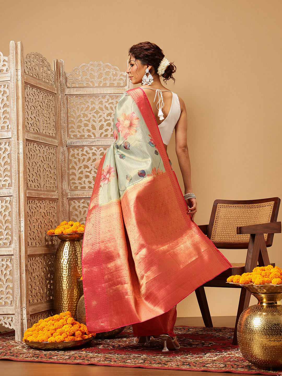 Hiral Fashion Olive Banarasi Tissue Silk Floral Digital Printed Saree | Swadesiicart
