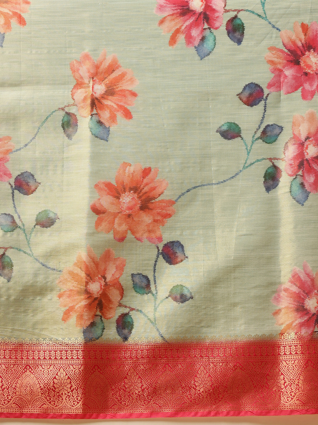 Hiral Fashion Olive Banarasi Tissue Silk Floral Digital Printed Saree | Swadesiicart