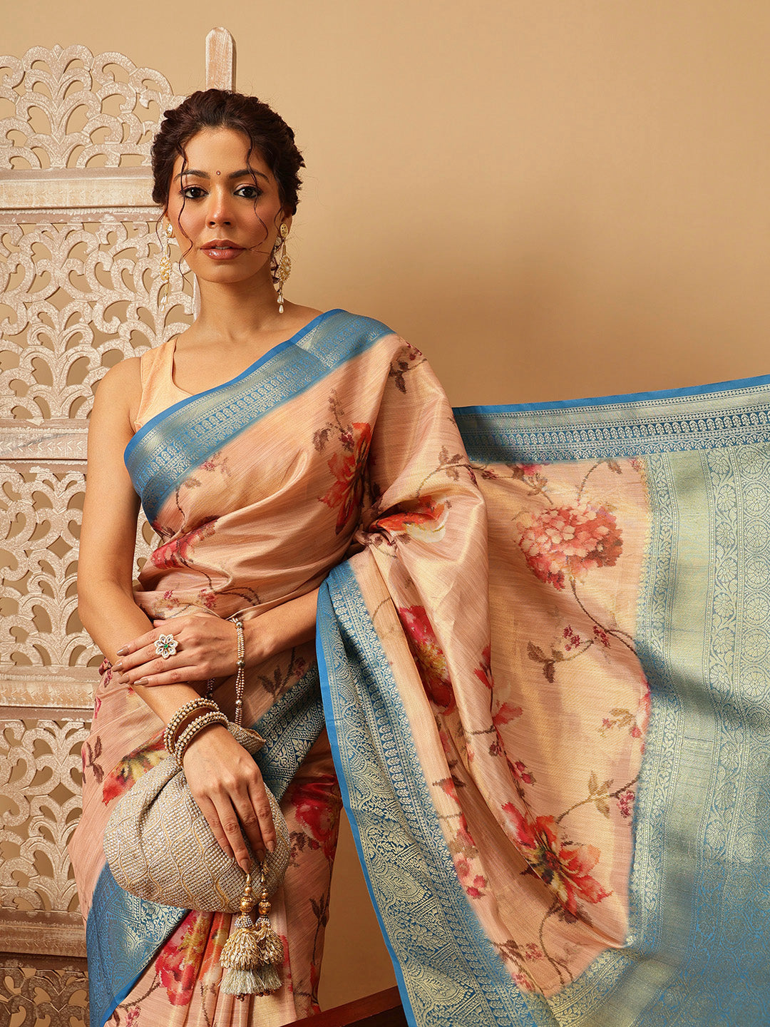 Hiral Fashion Peach Banarasi Tissue Silk Floral Digital Printed Saree | Swadesiicart