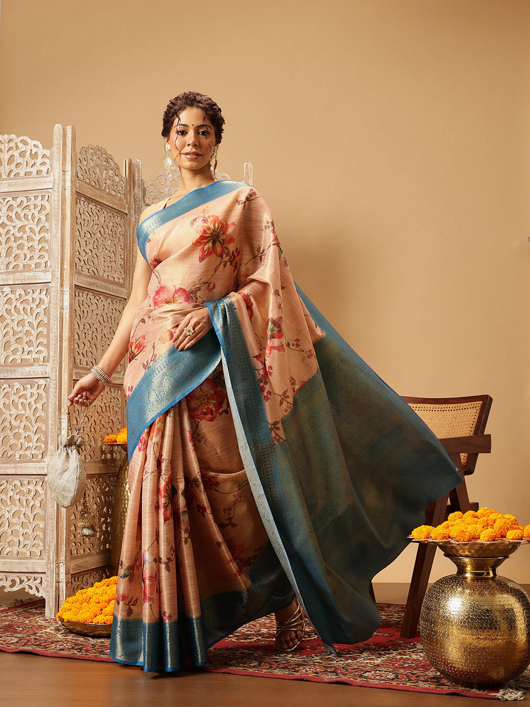 Hiral Fashion Peach Banarasi Tissue Silk Floral Digital Printed Saree | Swadesiicart