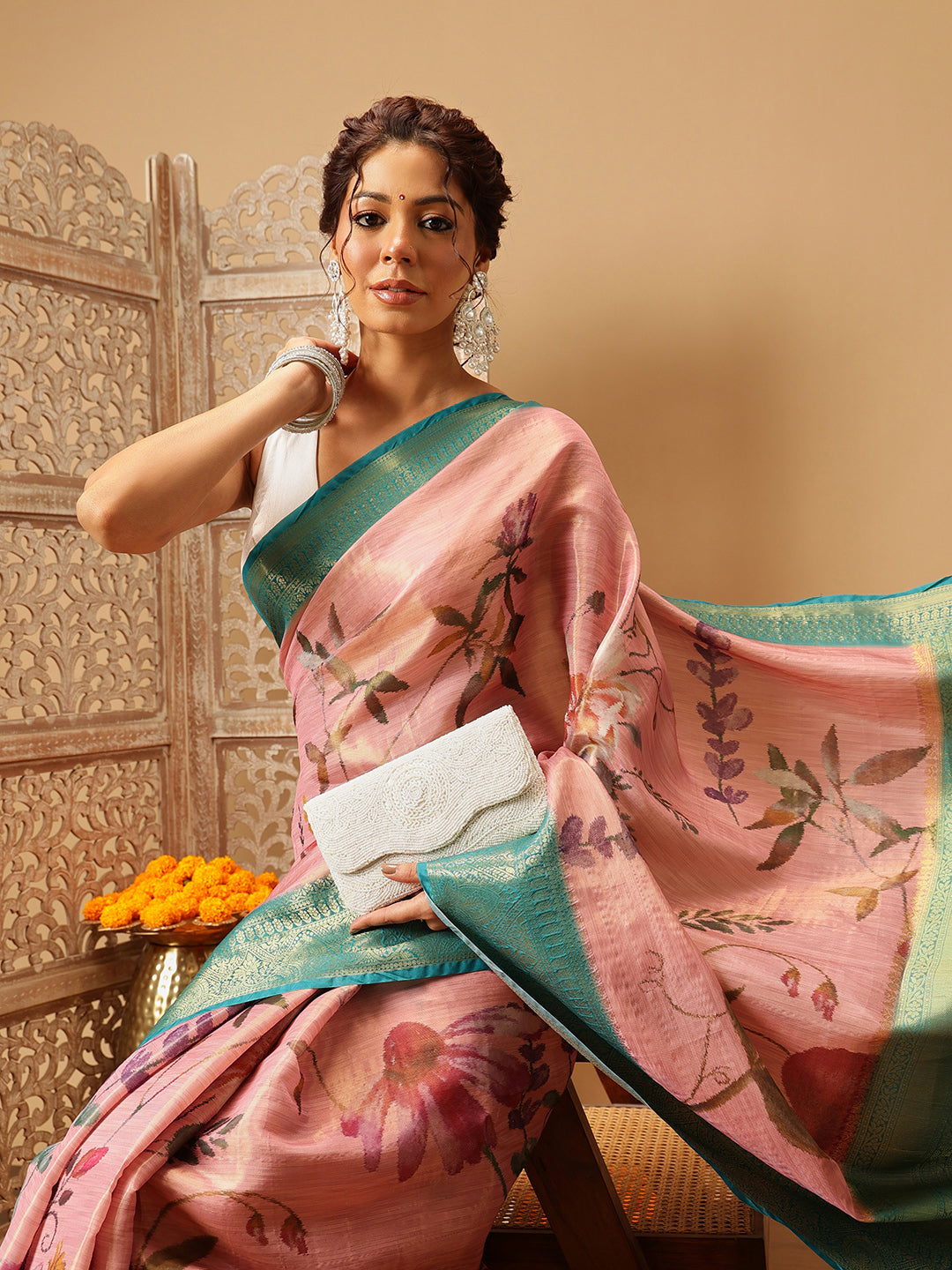 Hiral Fashion Pink Banarasi Tissue Silk Floral Digital Printed Saree | Swadesiicart