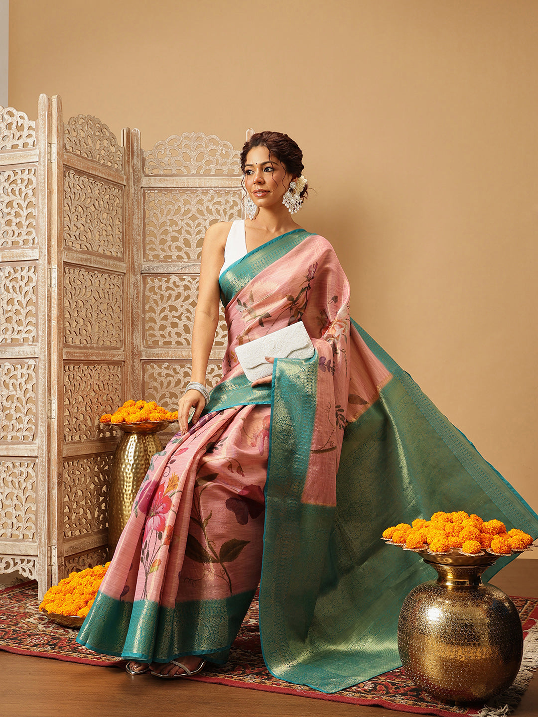 Hiral Fashion Pink Banarasi Tissue Silk Floral Digital Printed Saree | Swadesiicart