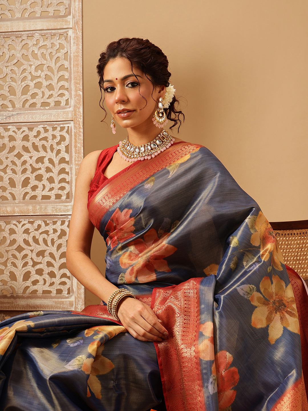 Hiral Fashion Blue Banarasi Tissue Silk Floral Digital Printed Saree | Swadesiicart