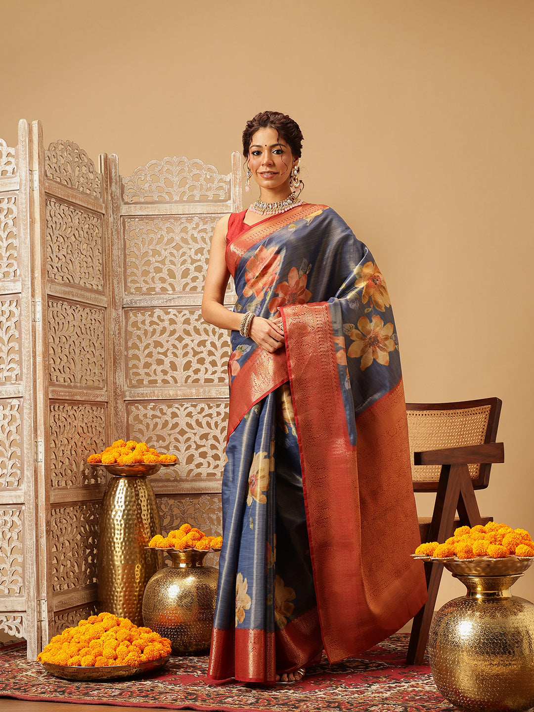 Hiral Fashion Blue Banarasi Tissue Silk Floral Digital Printed Saree | Swadesiicart