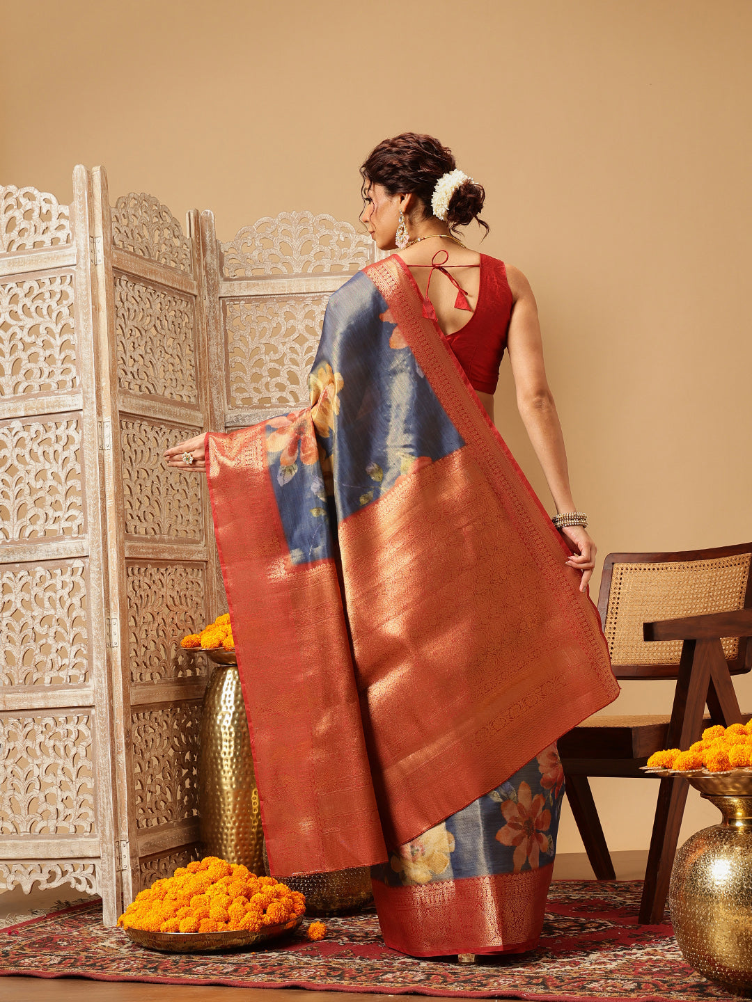 Hiral Fashion Blue Banarasi Tissue Silk Floral Digital Printed Saree | Swadesiicart