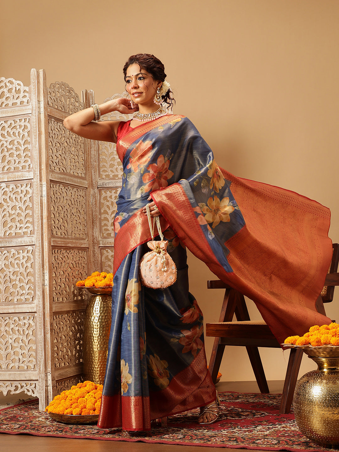 Hiral Fashion Blue Banarasi Tissue Silk Floral Digital Printed Saree | Swadesiicart