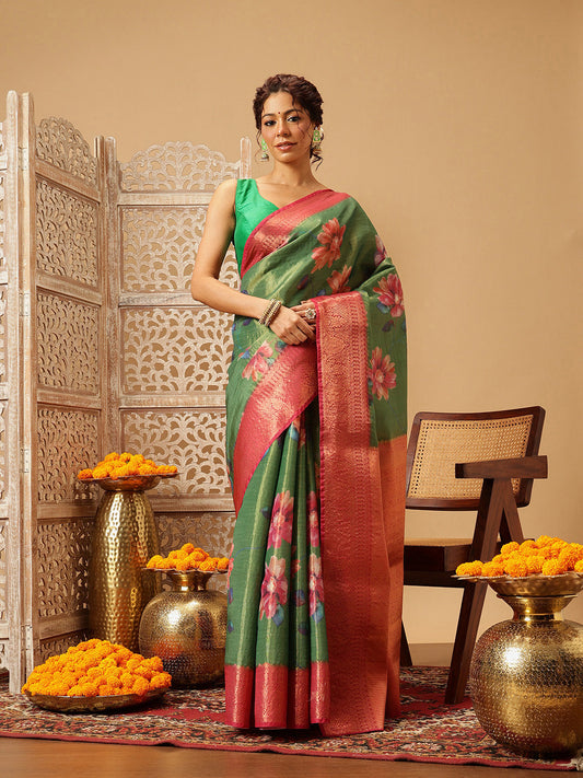 Hiral Fashion Green Banarasi Tissue Silk Floral Digital Printed Saree | Swadesiicart