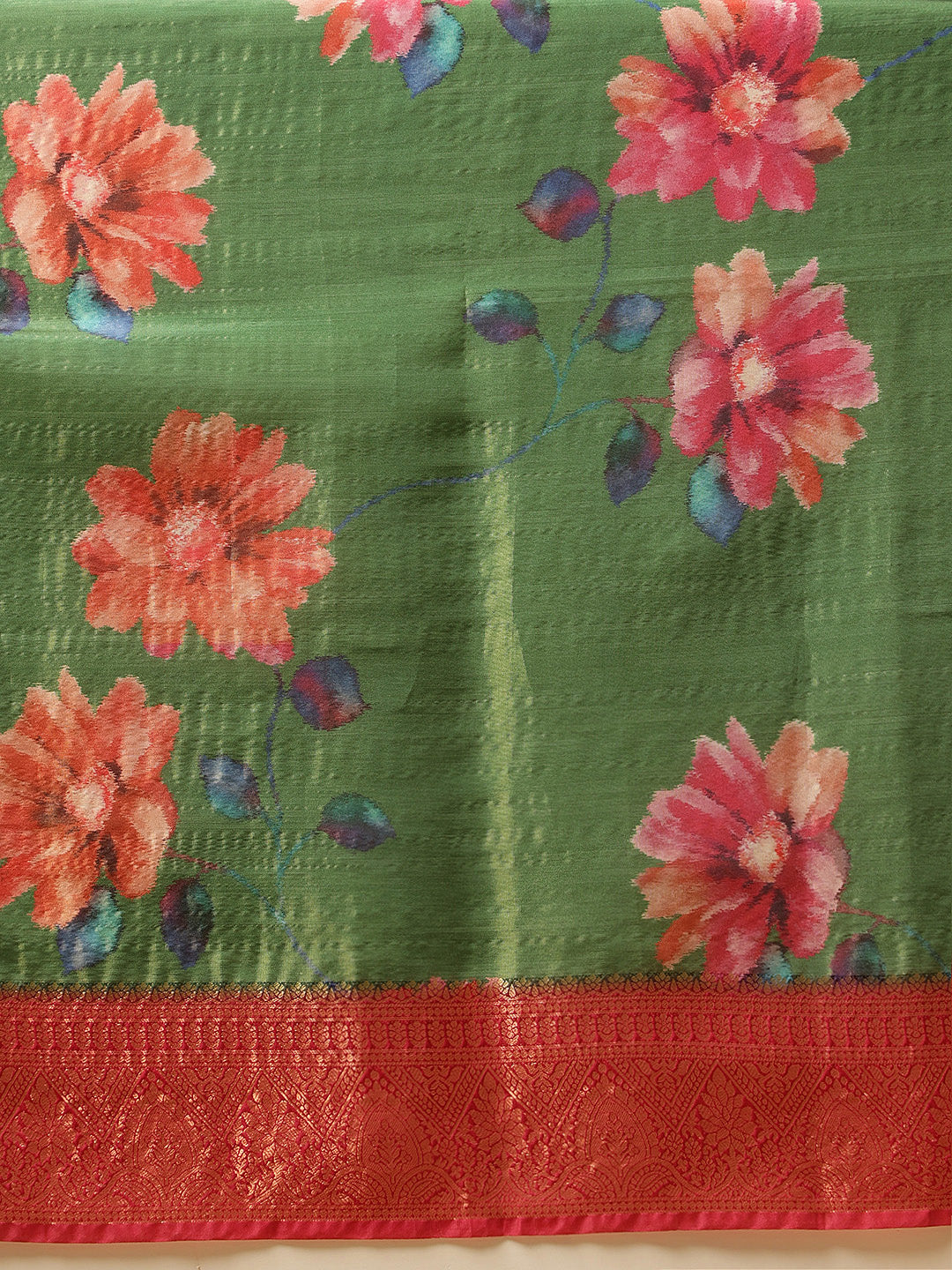 Hiral Fashion Green Banarasi Tissue Silk Floral Digital Printed Saree | Swadesiicart