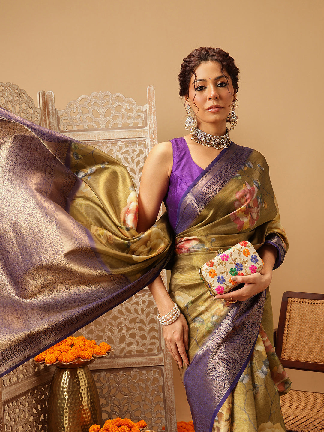 Hiral Fashion Olive Banarasi Tissue Silk Floral Digital Printed Saree | Swadesiicart