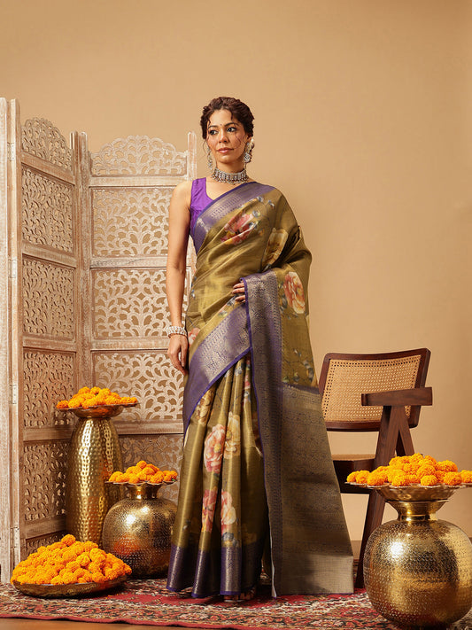 Hiral Fashion Olive Banarasi Tissue Silk Floral Digital Printed Saree | Swadesiicart