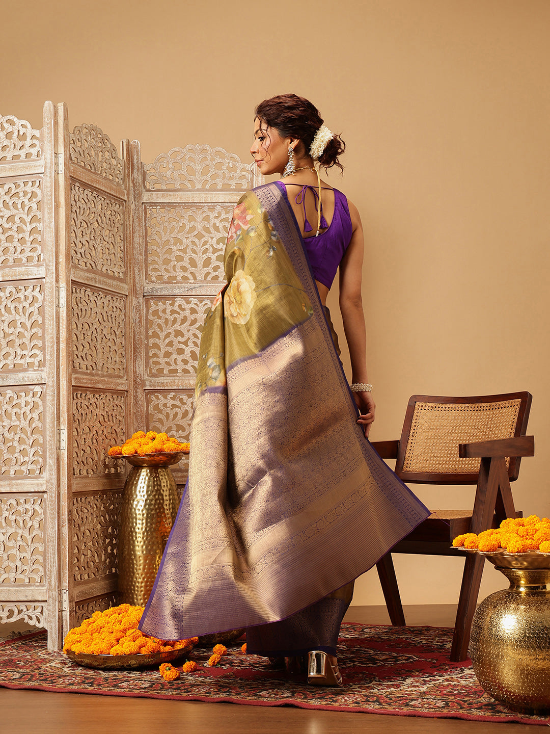 Hiral Fashion Olive Banarasi Tissue Silk Floral Digital Printed Saree | Swadesiicart