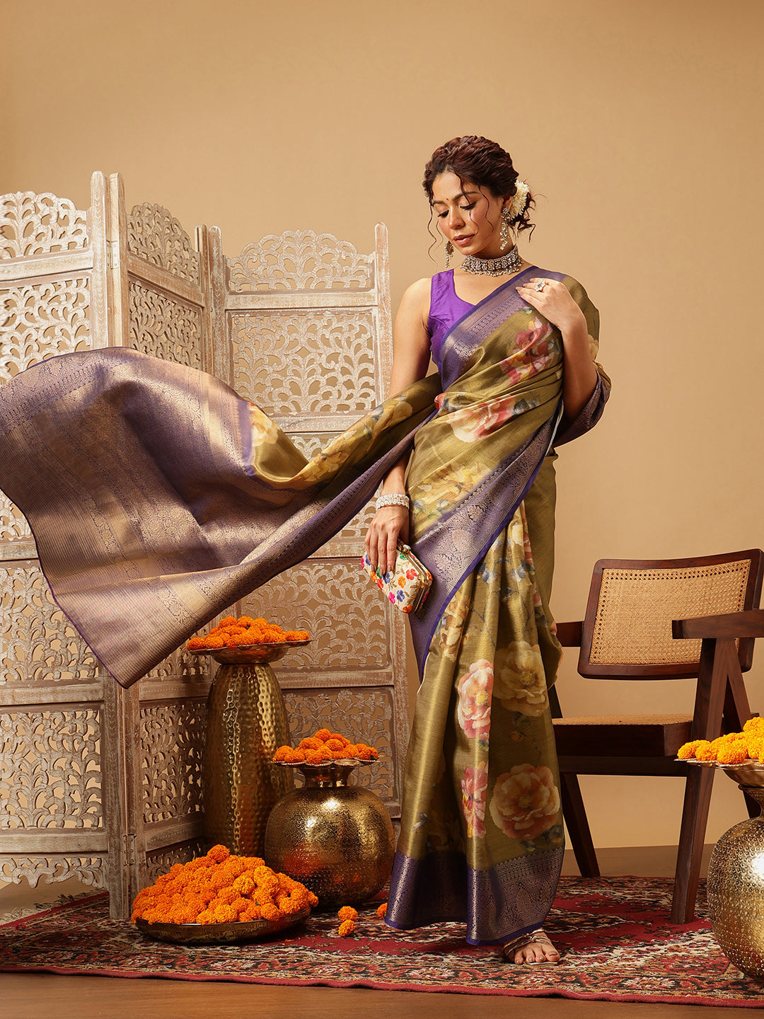 Hiral Fashion Olive Banarasi Tissue Silk Floral Digital Printed Saree | Swadesiicart