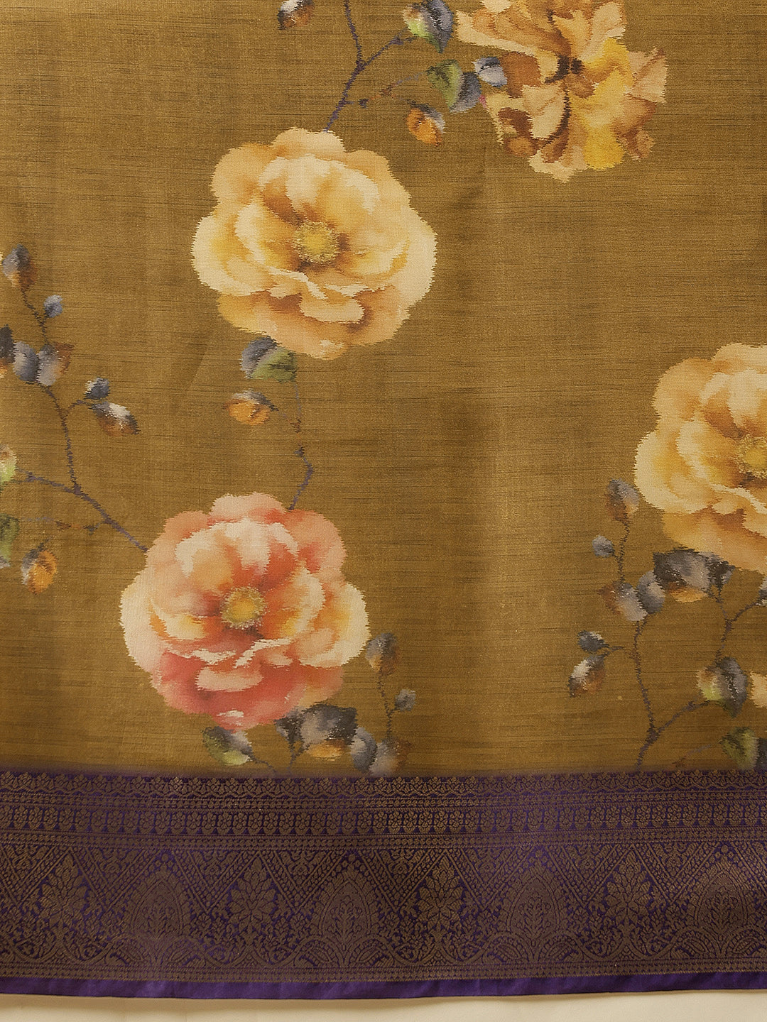 Hiral Fashion Olive Banarasi Tissue Silk Floral Digital Printed Saree | Swadesiicart
