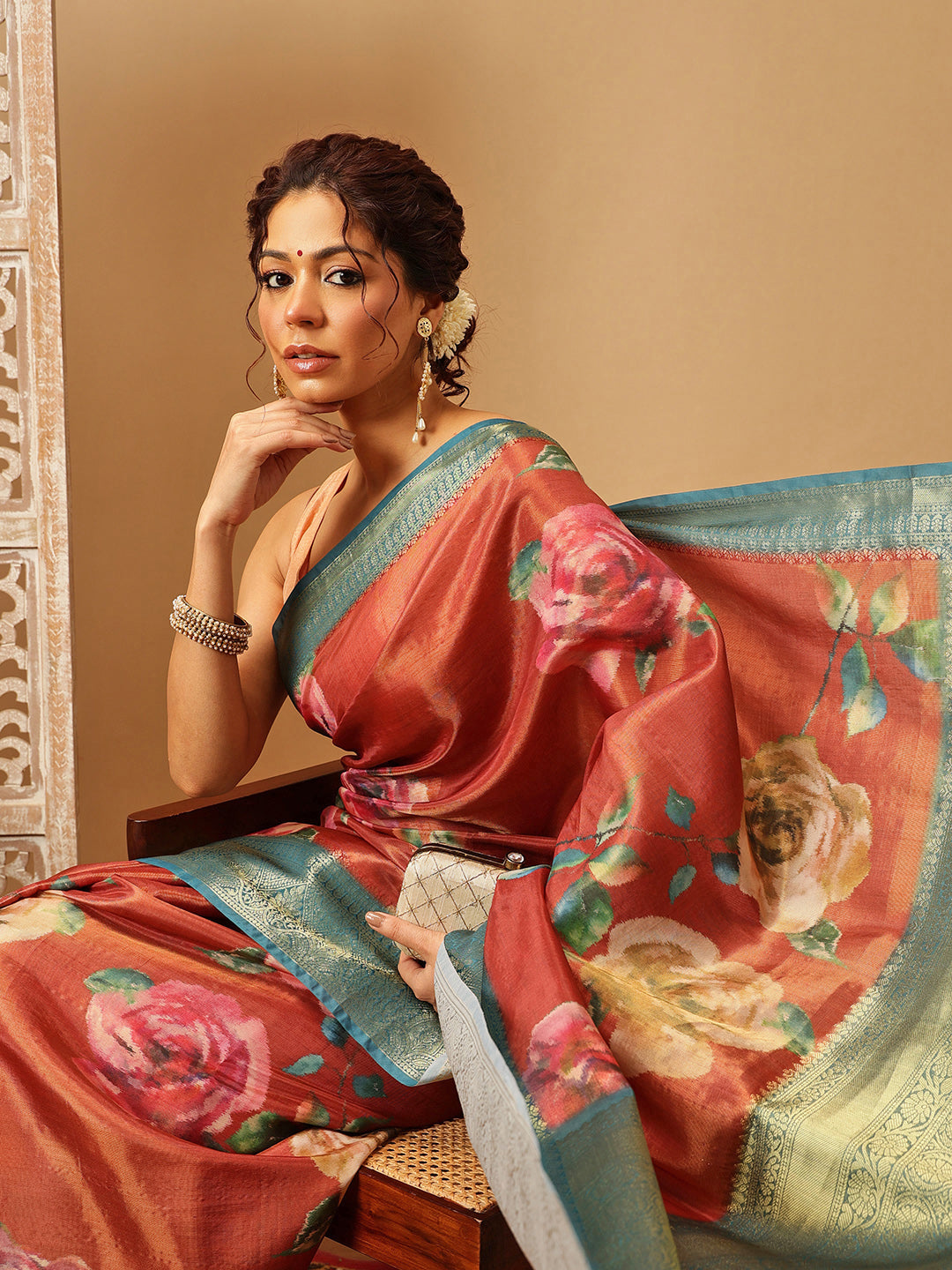 Hiral Fashion Peach Banarasi Tissue Silk Floral Digital Printed Saree | Swadesiicart