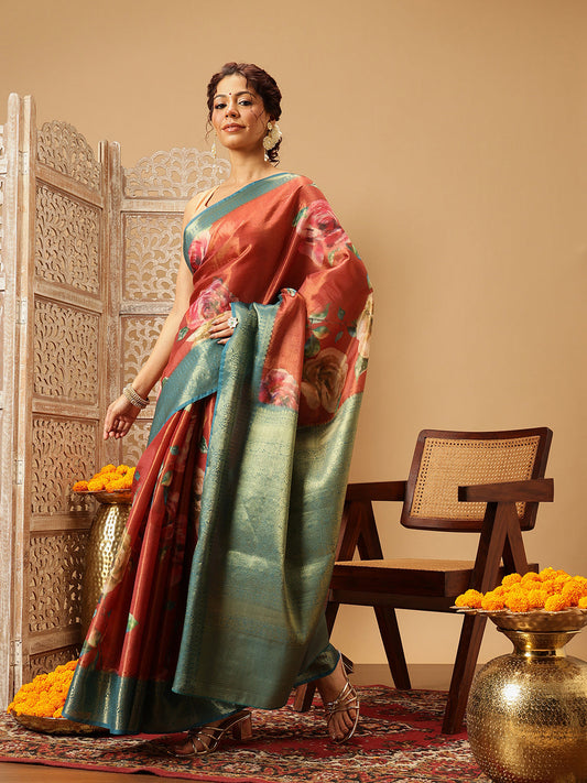 Hiral Fashion Peach Banarasi Tissue Silk Floral Digital Printed Saree | Swadesiicart
