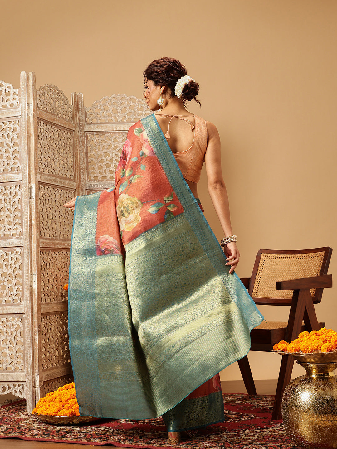 Hiral Fashion Peach Banarasi Tissue Silk Floral Digital Printed Saree | Swadesiicart