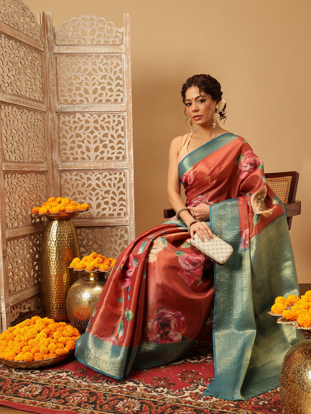 Hiral Fashion Peach Banarasi Tissue Silk Floral Digital Printed Saree | Swadesiicart