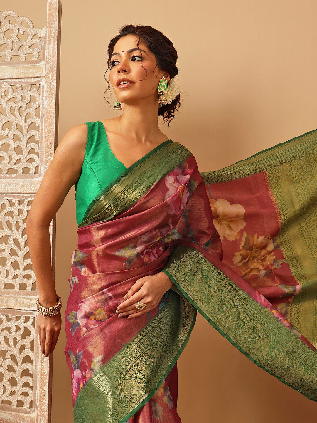 Hiral Fashion Pink Banarasi Tissue Silk Floral Digital Printed Saree | Swadesiicart