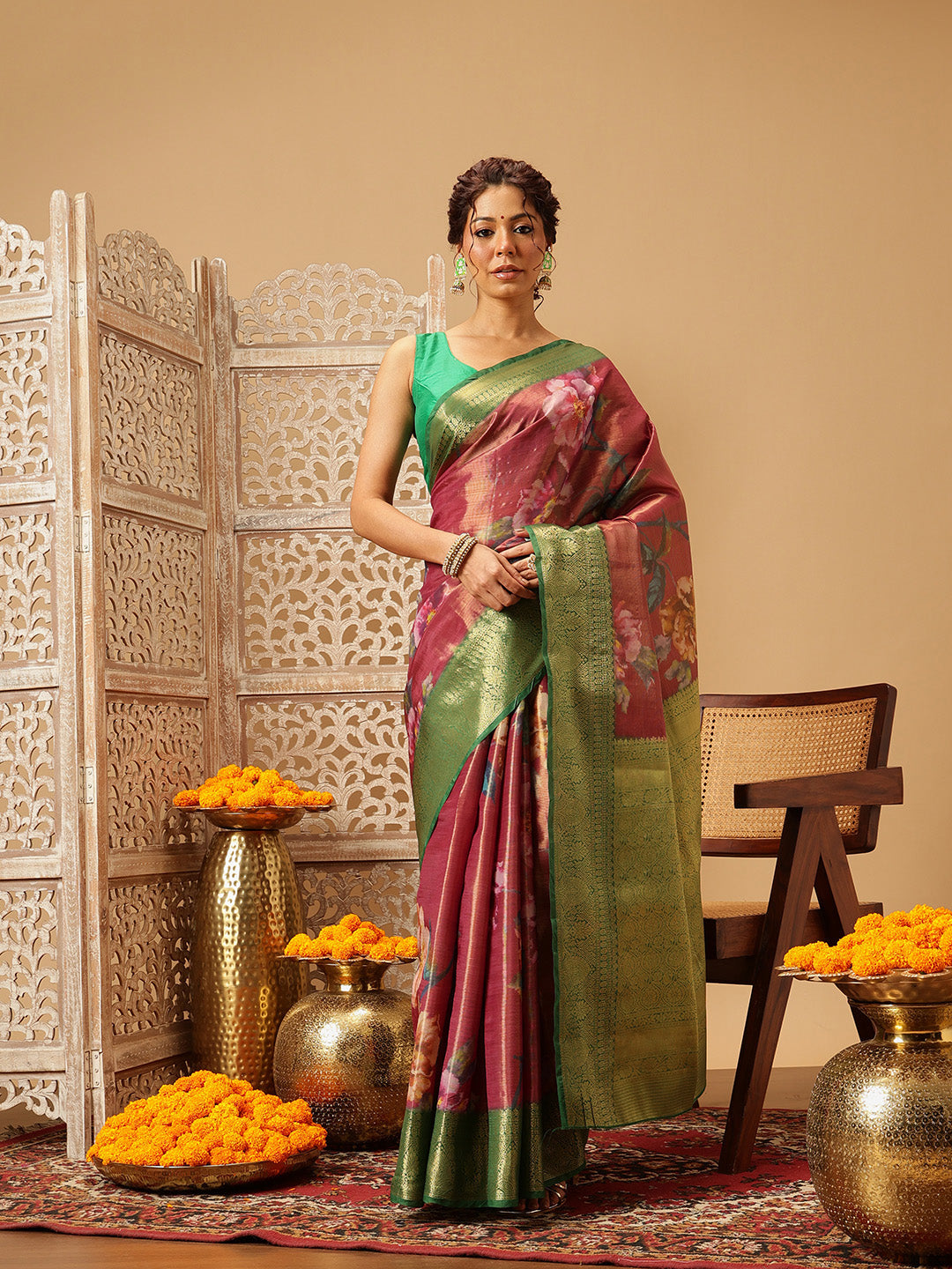 Hiral Fashion Pink Banarasi Tissue Silk Floral Digital Printed Saree | Swadesiicart