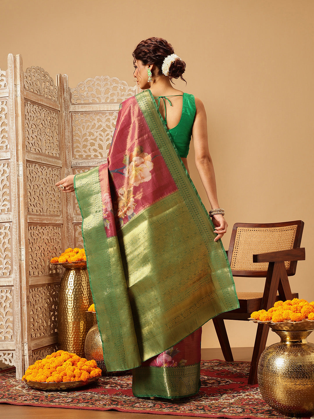Hiral Fashion Pink Banarasi Tissue Silk Floral Digital Printed Saree | Swadesiicart