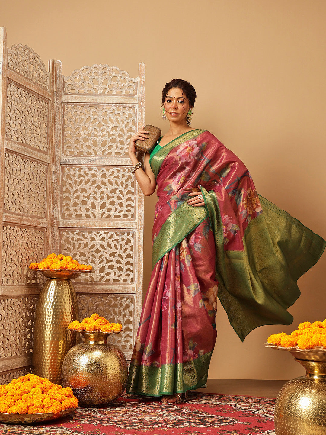 Hiral Fashion Pink Banarasi Tissue Silk Floral Digital Printed Saree | Swadesiicart