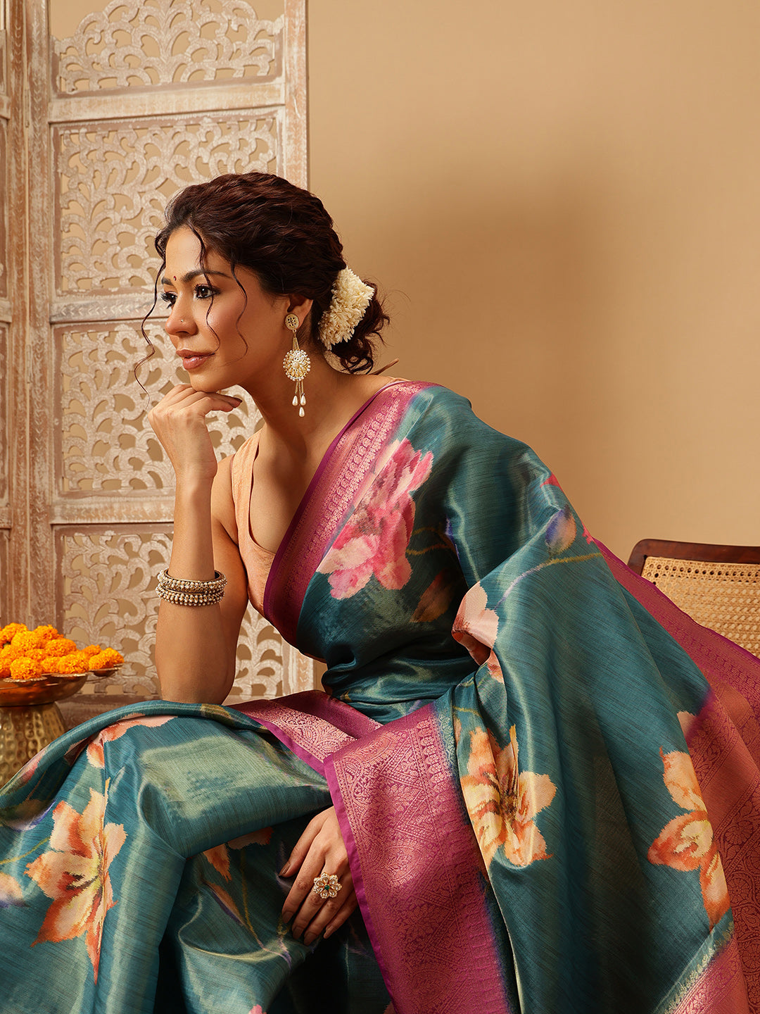 Hiral Fashion Teal Banarasi Tissue Silk Floral Digital Printed Saree | Swadesiicart