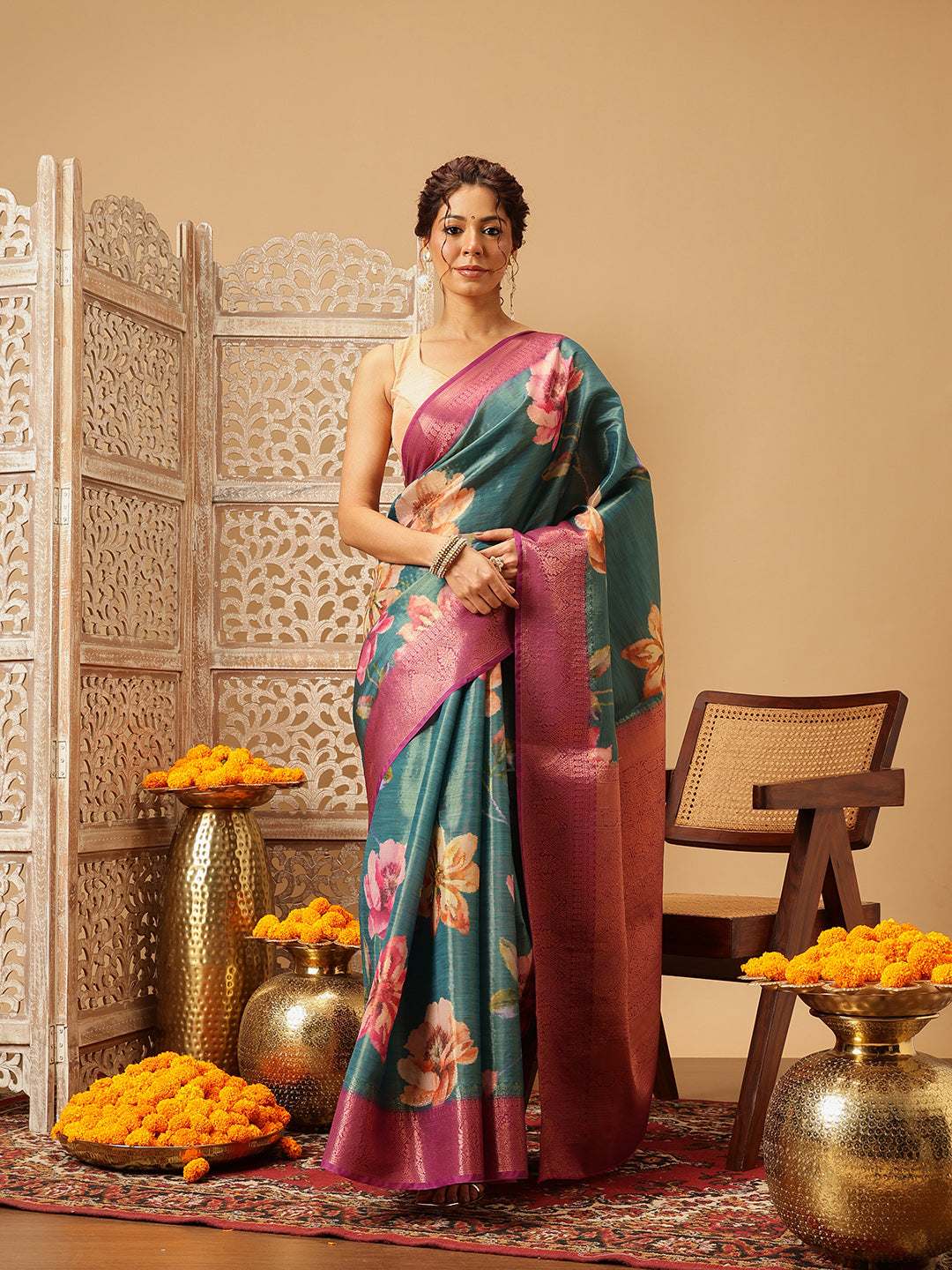 Hiral Fashion Teal Banarasi Tissue Silk Floral Digital Printed Saree | Swadesiicart